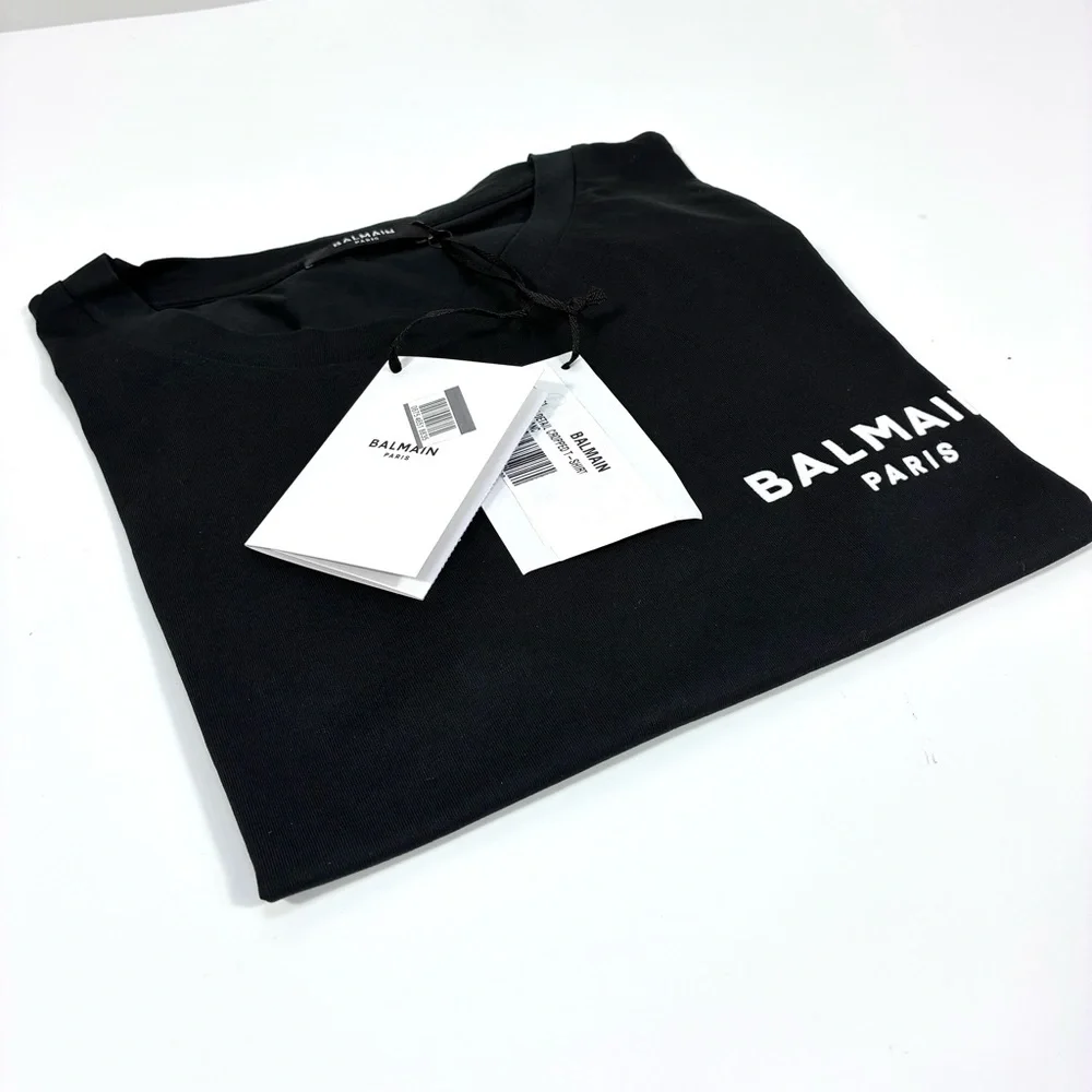 Balmain Cropped Eco-Designed Cotton T-Shirt Tee Flocked Logo Black XL NWT - Picture 11 of 14